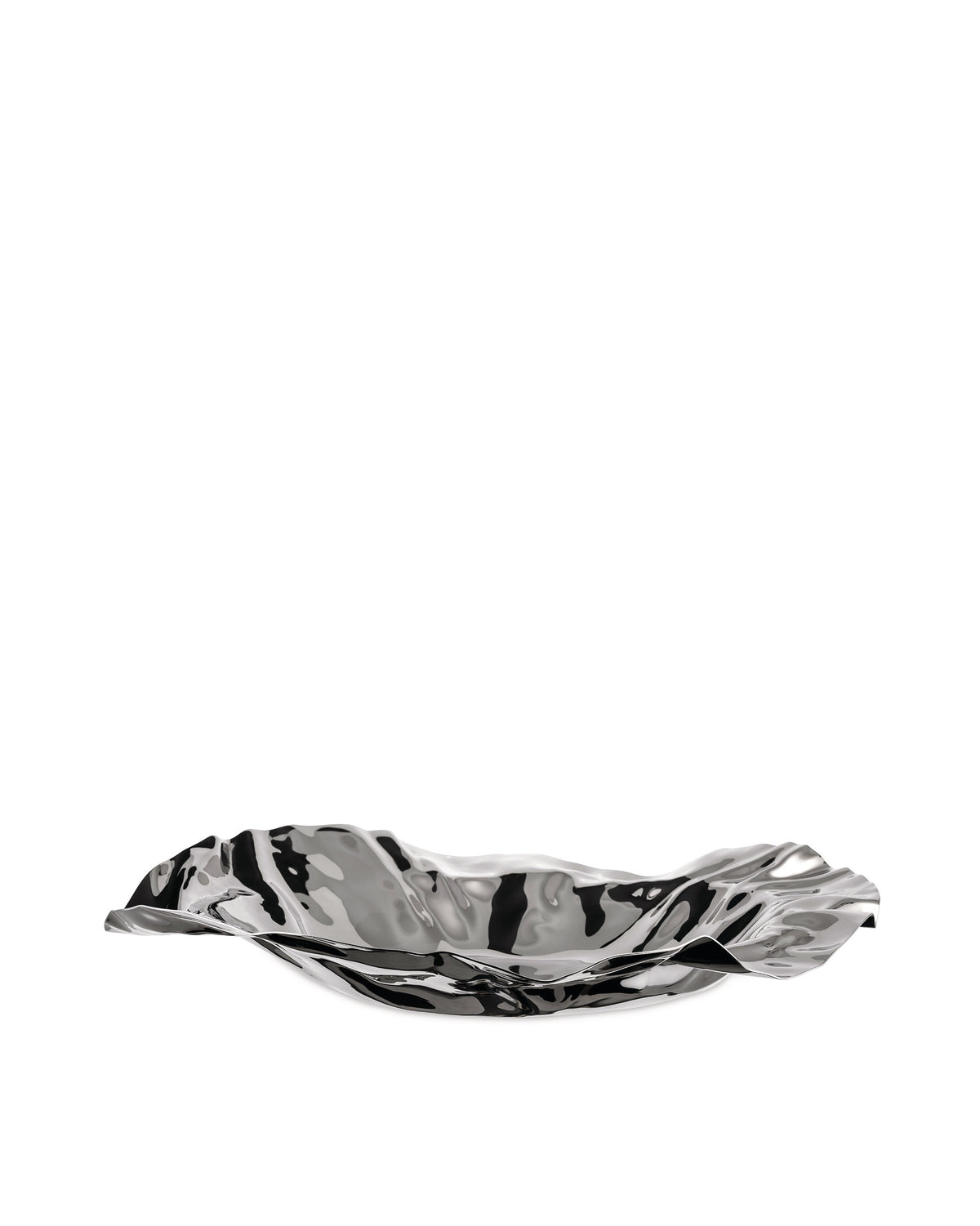 Port decorative bowl by Alessi, silver metallic with a wavy design and reflective surface.