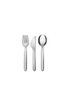 Polished silver three-piece cutlery set by Alessi, featuring a fork, knife, and spoon on a white background.