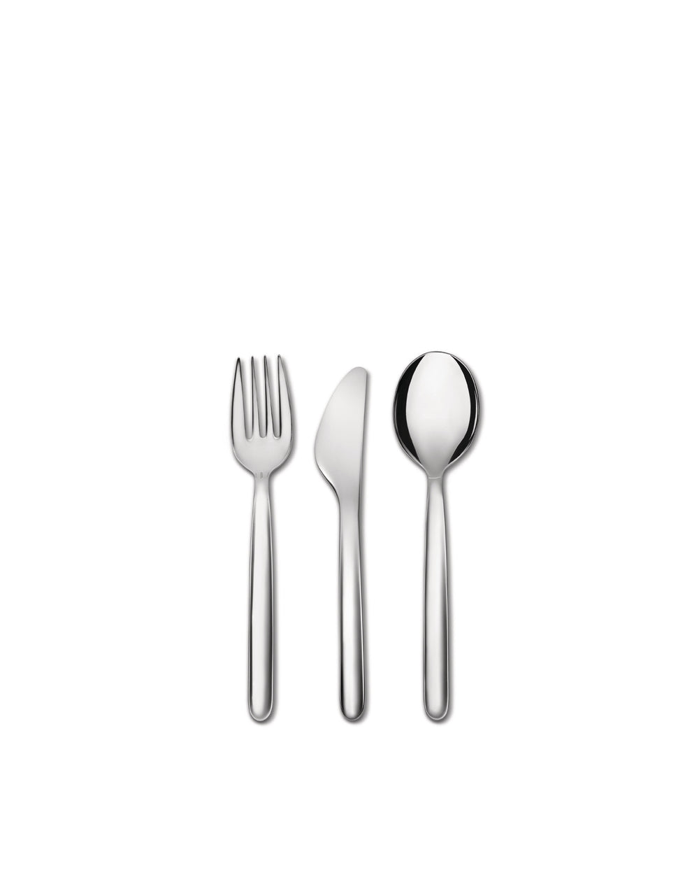Polished silver three-piece cutlery set by Alessi, featuring a fork, knife, and spoon on a white background.