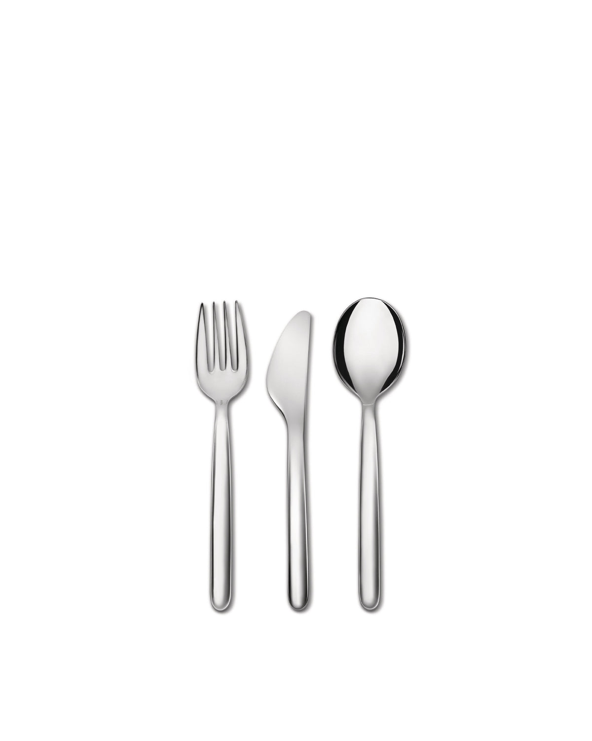 Polished silver three-piece cutlery set by Alessi, featuring a fork, knife, and spoon on a white background.