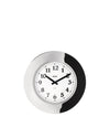 Round wall clock by Alessi with white face, black numbers and hands, and a polished chrome ring with a brushed black section.