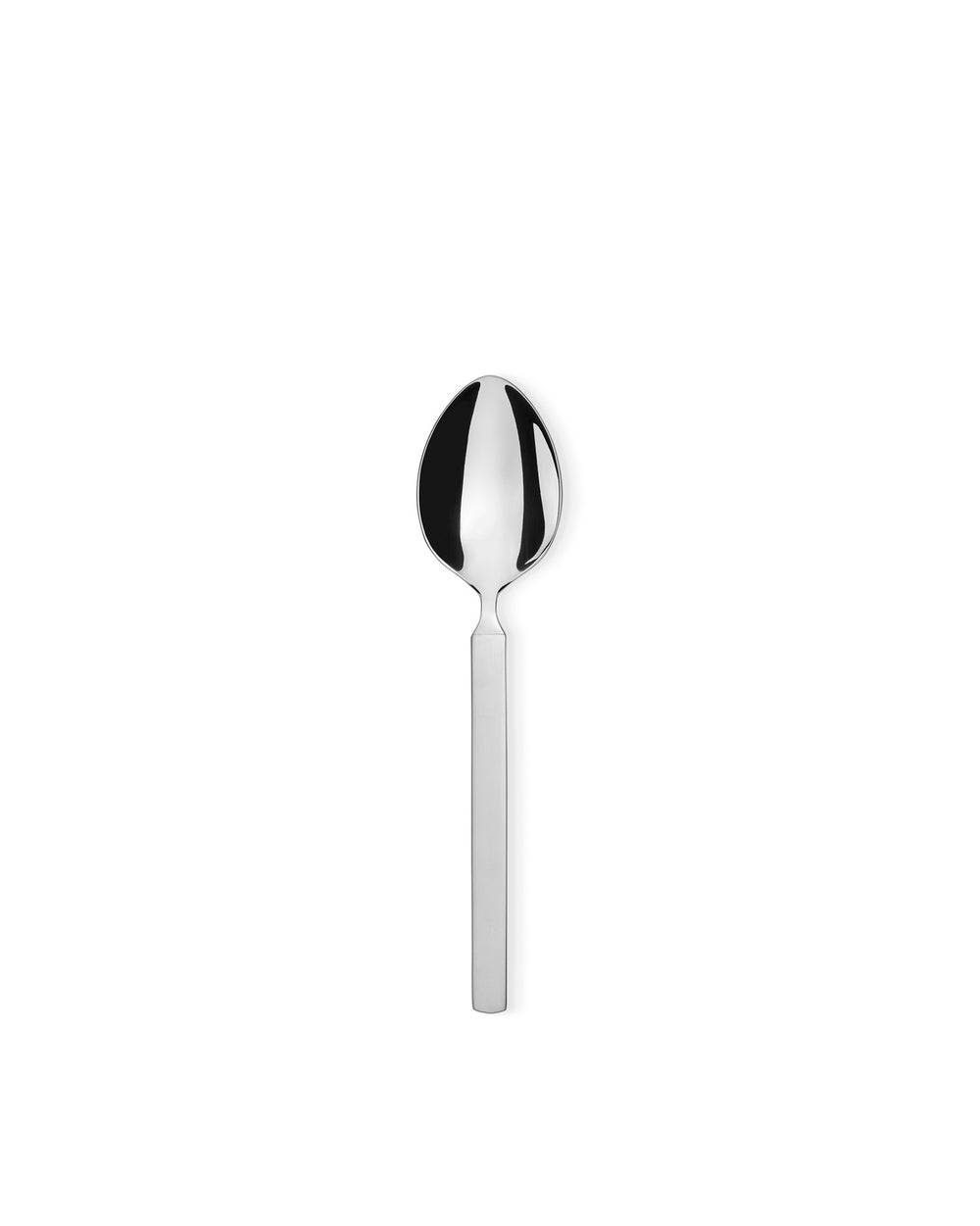 Silver metal spoon by Alessi with a flat, rectangular handle, positioned upright.