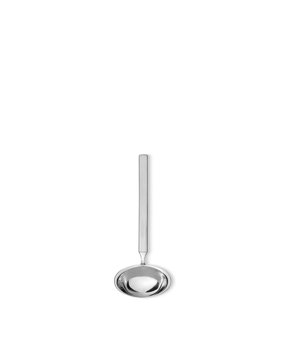 Silver metallic ladle by Alessi with a polished finish and straight handle, viewed from above.