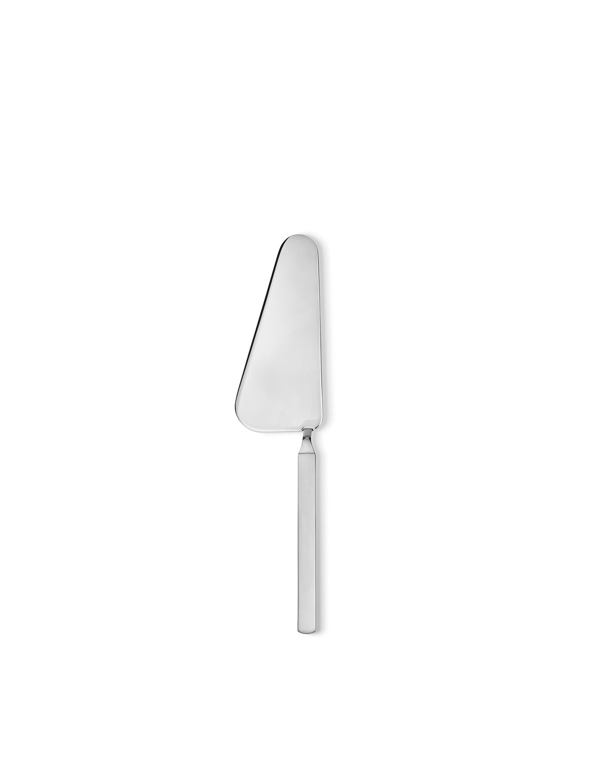 Silver stainless steel cake server by Alessi with a triangular blade and flat handle on a white background.