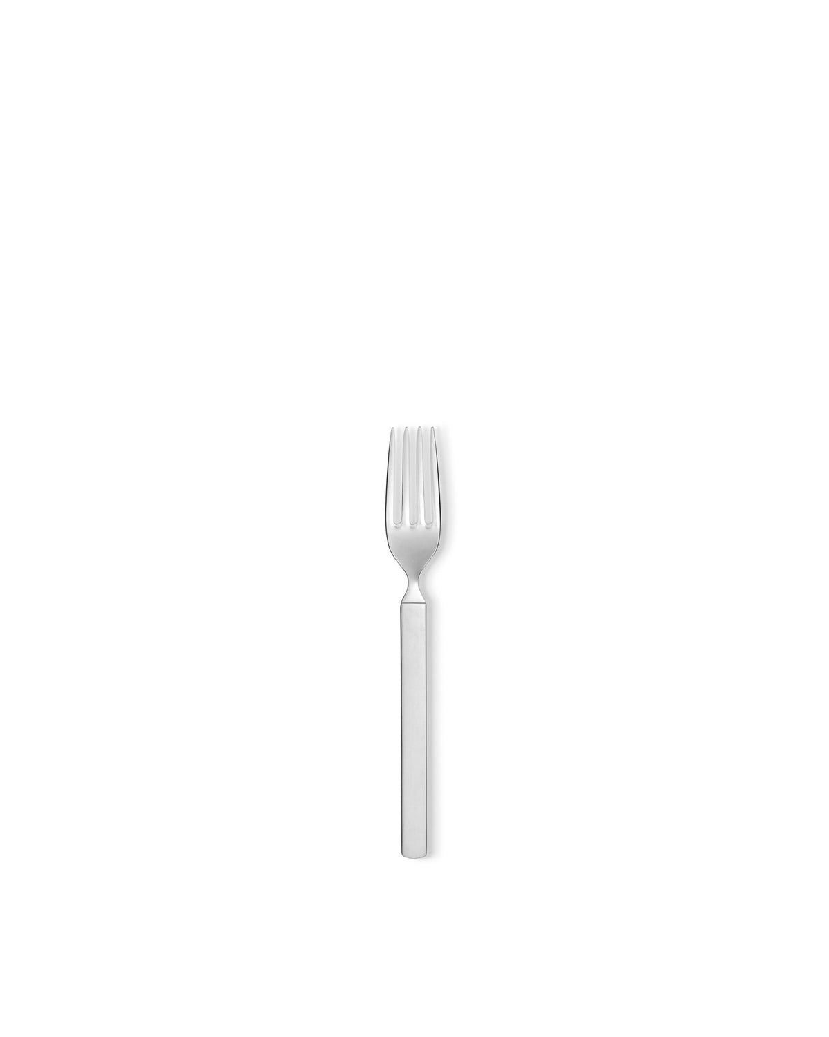 Silver stainless steel fork by Alessi with a flat handle, standing upright on a white background.