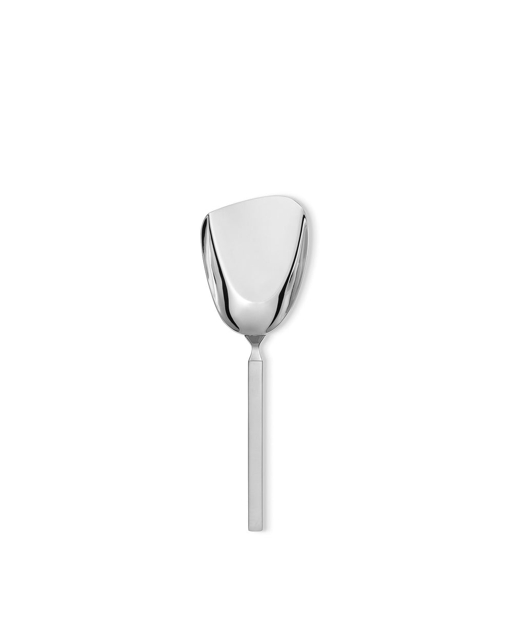 Modern chrome serving scoop by Alessi, standing upright with a polished, reflective surface.
