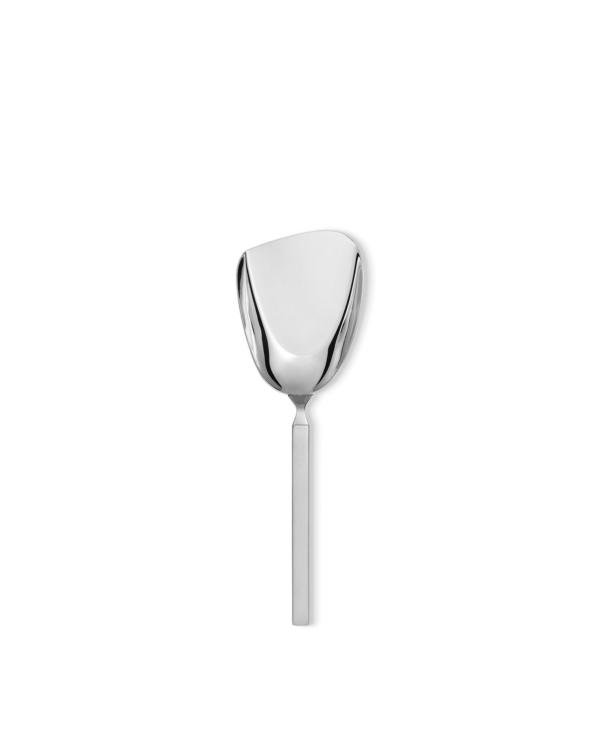 Modern chrome serving scoop by Alessi, standing upright with a polished, reflective surface.