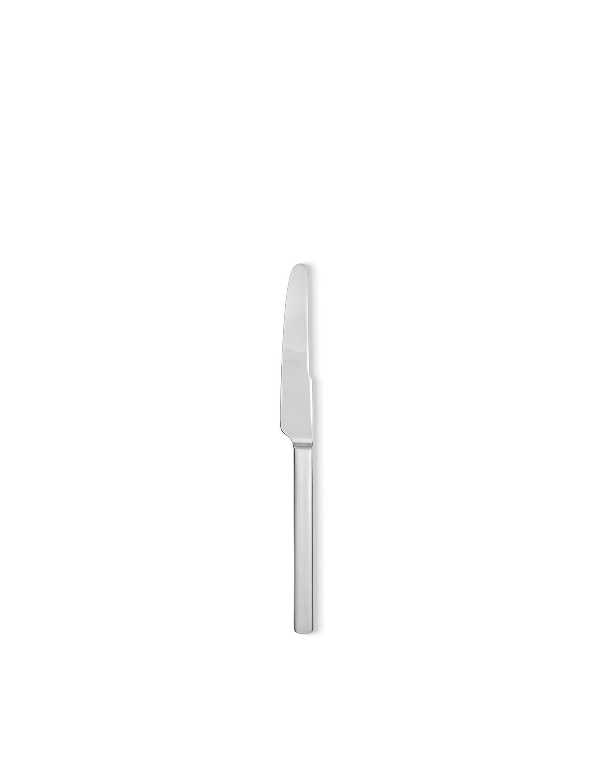 Silver stainless steel knife by Alessi, sleek and modern with a simple handle, lying flat.