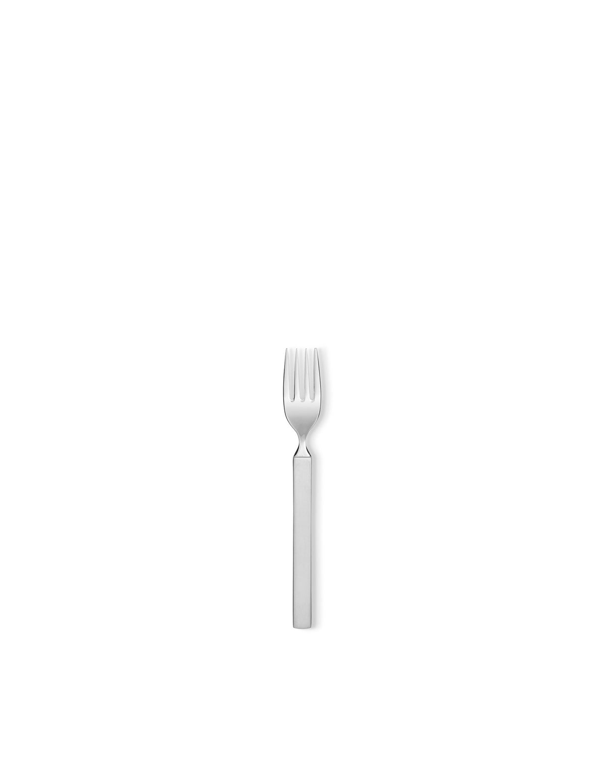A polished stainless steel four-tine fork by Alessi with a flat, minimalist handle, positioned vertically.