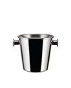 Polished stainless steel champagne bucket by Alessi, with two side handles, isolated on white.