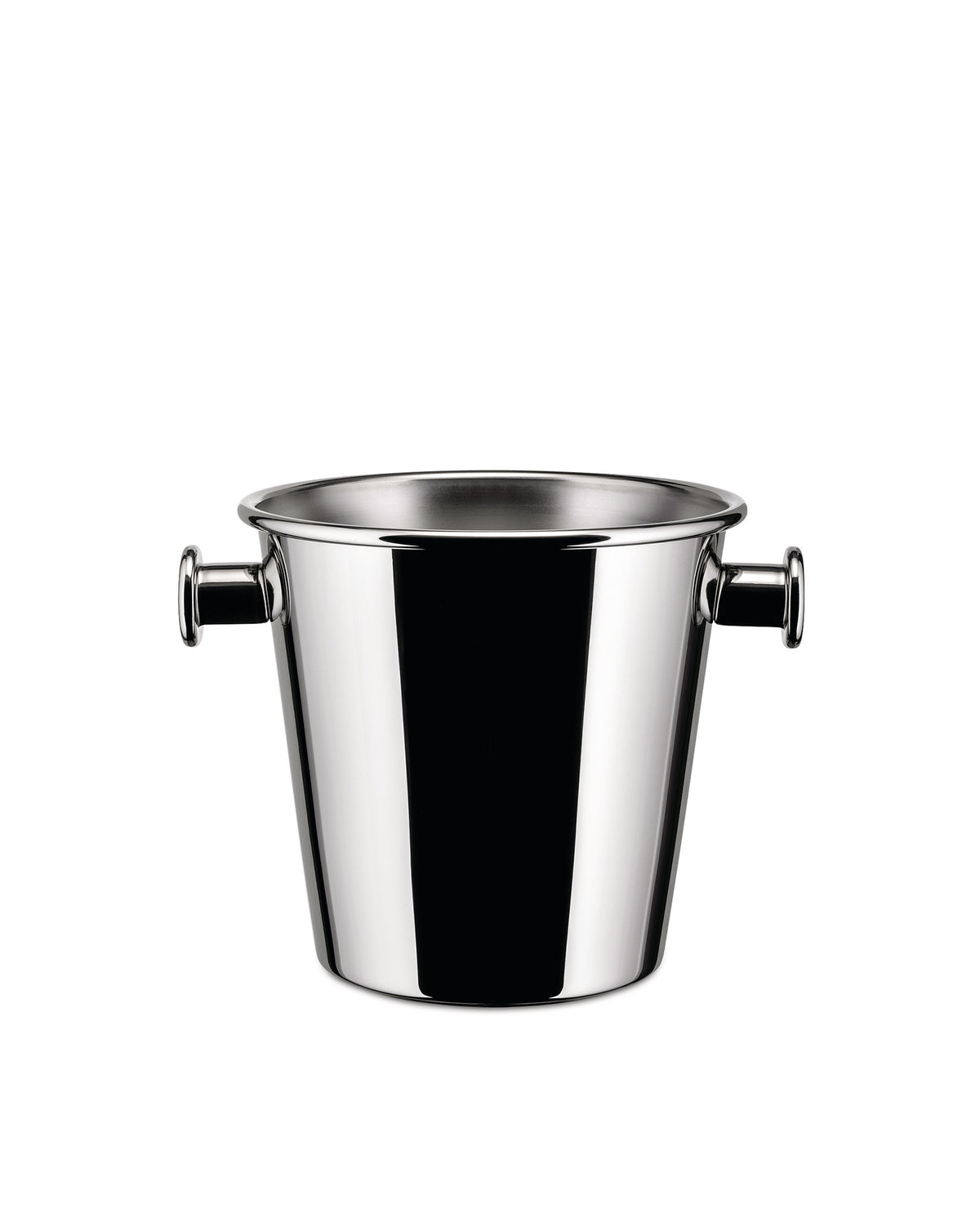 Polished stainless steel champagne bucket by Alessi, with two side handles, isolated on white.