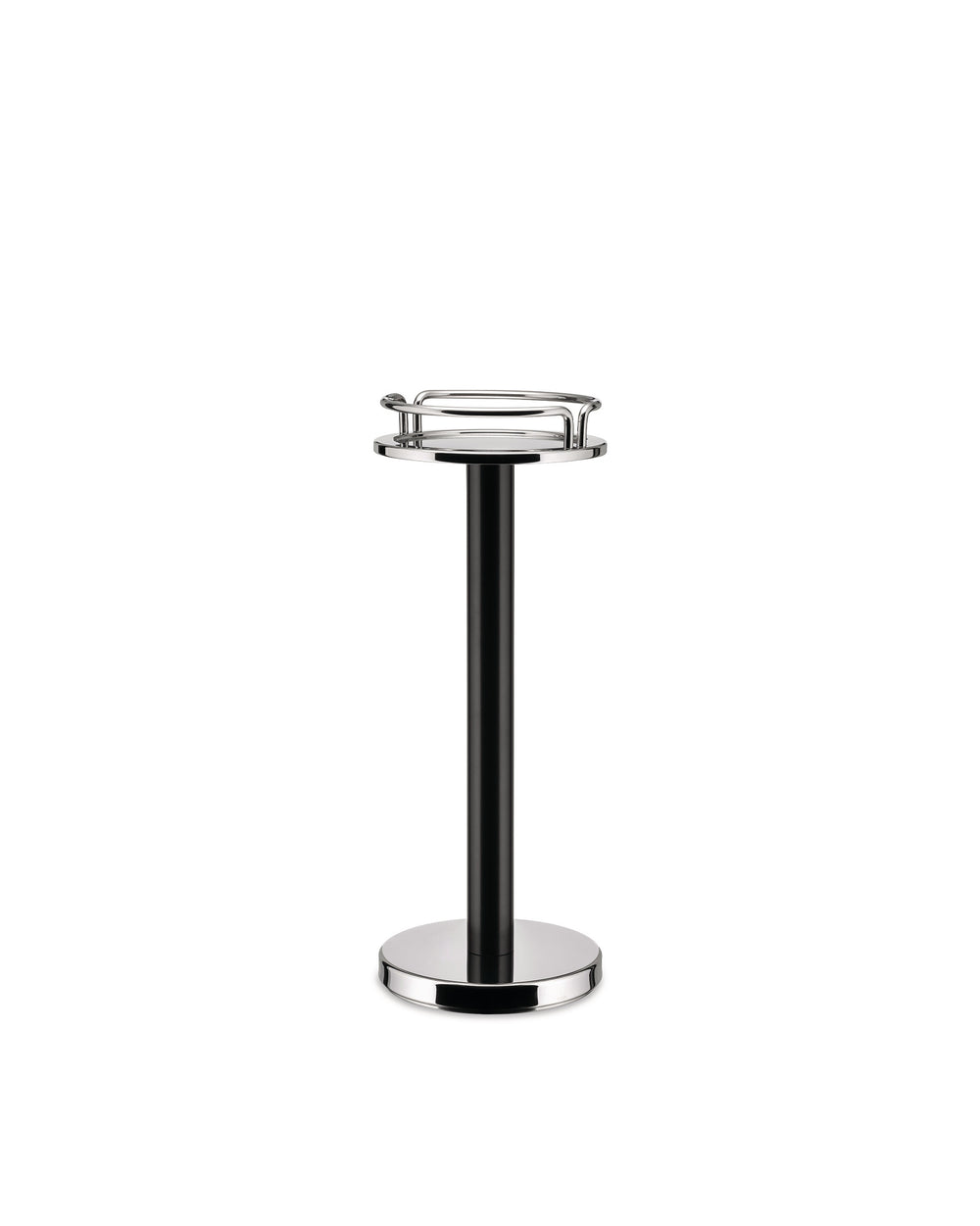 Black and chrome modern stand by Alessi with a textured top tray, arched rails, and a polished round base.