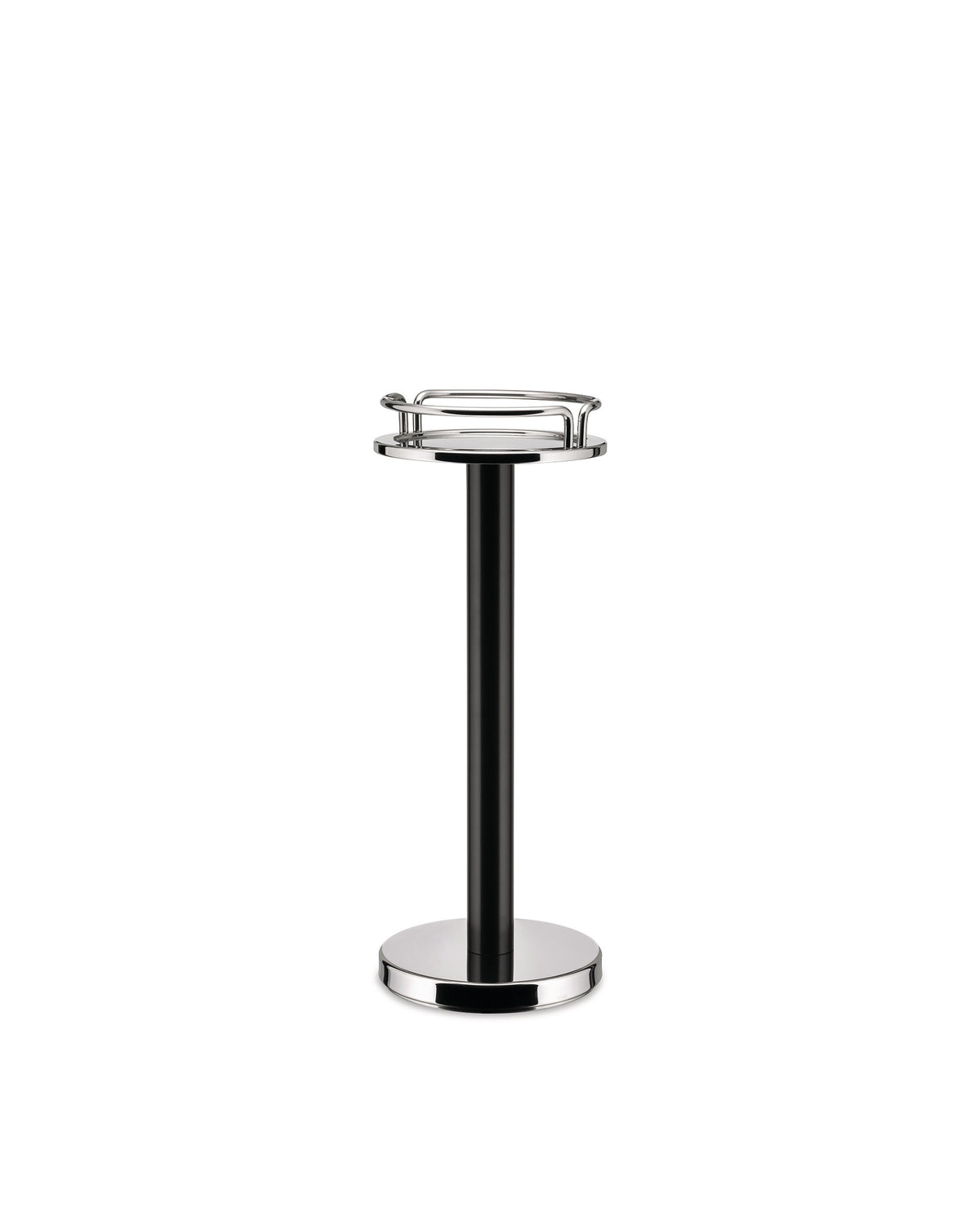 Black and chrome modern stand by Alessi with a textured top tray, arched rails, and a polished round base.