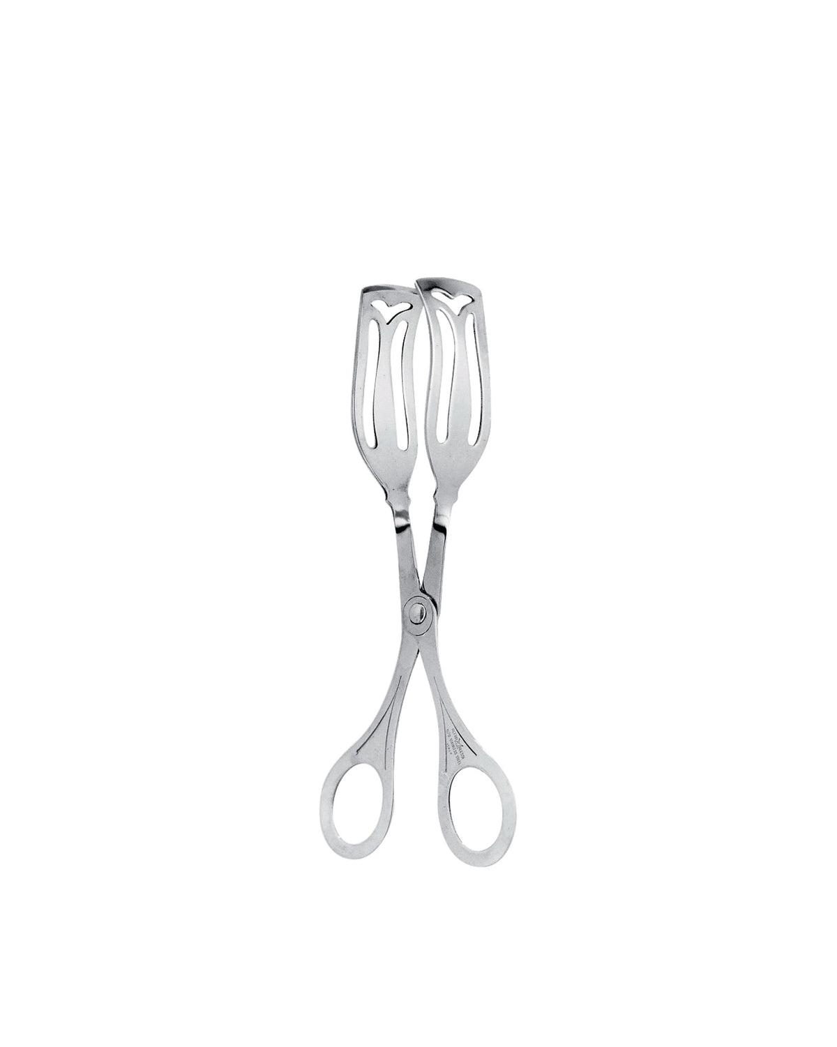 Silver stainless steel pastry tongs by Alessi, with fork-like ends featuring heart cutouts and scissor-style ring handles.