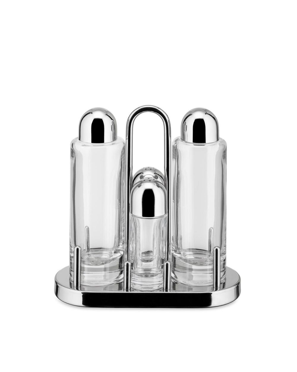 Clear glass oil cruets with polished chrome tops by Alessi, part of a three-piece set with a shaker on a matching stand.