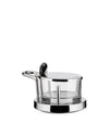 Chrome and glass cheese cellar by Alessi with a matching lid and serving spoon on a white background.