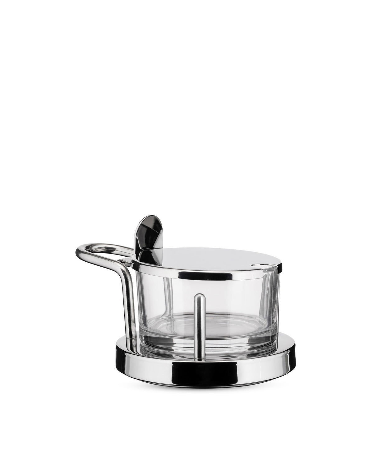 Chrome and glass cheese cellar by Alessi with a matching lid and serving spoon on a white background.