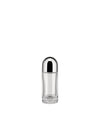 A clear glass salt shaker by Alessi with a silver, dome-shaped cap featuring dispensing holes.
