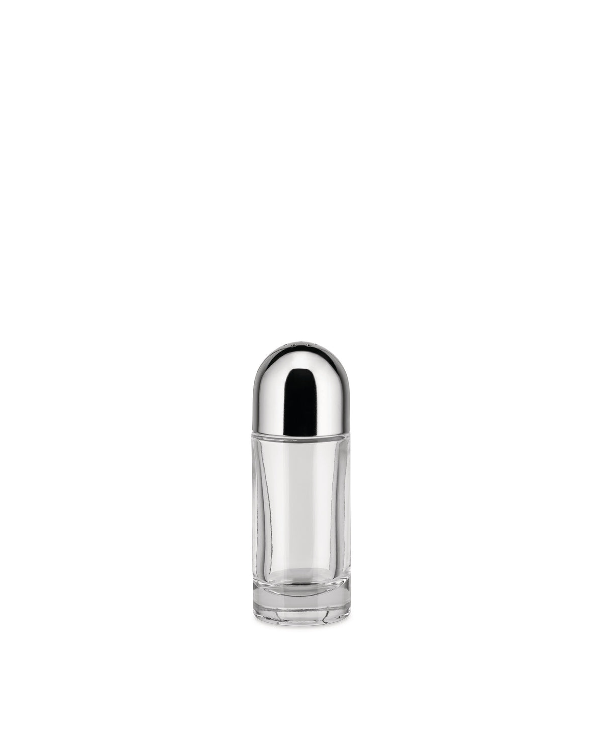 A clear glass salt shaker by Alessi with a silver, dome-shaped cap featuring dispensing holes.