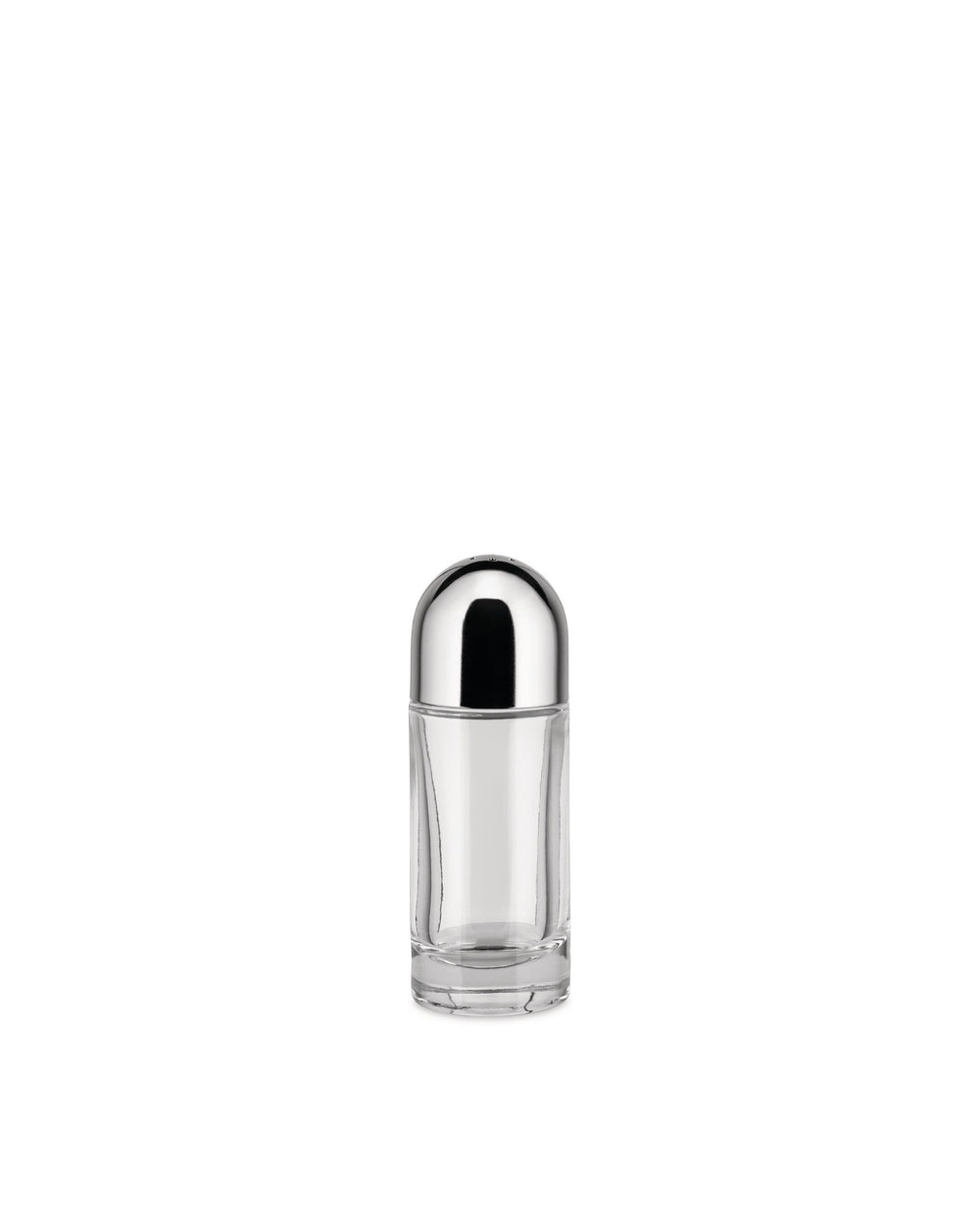 Clear glass salt shaker by Alessi with a shiny silver domed cap, isolated on white.