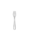 Silver metallic fork by Alessi with a simple, polished design, featuring four tines, centered on white.