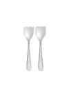 Polished silver salad servers by Alessi, one with a wavy edge and one flat, against a white background.