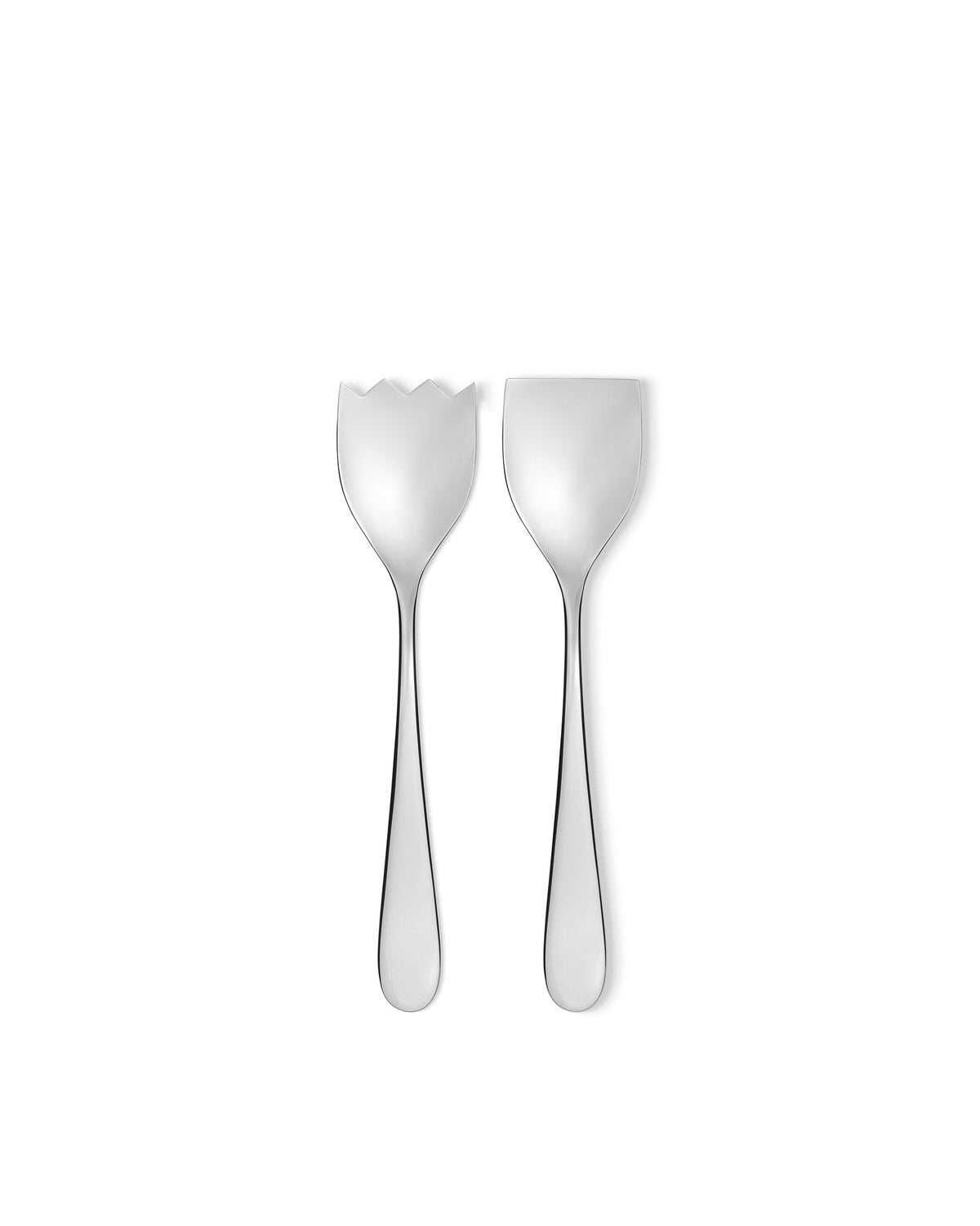 Polished silver salad servers by Alessi, one with a wavy edge and one flat, against a white background.