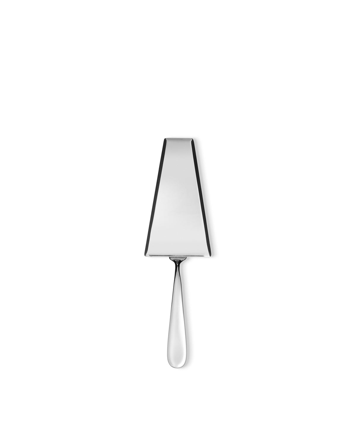 Shiny silver cake server by Alessi, featuring a tapered triangular blade and a slender teardrop handle.