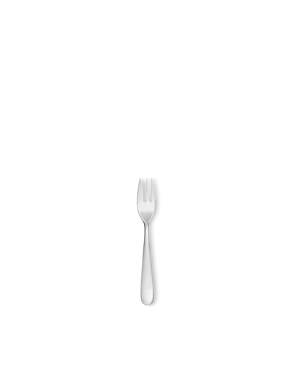 Silver dessert fork by Alessi, featuring a polished finish and three tines, on a white background.