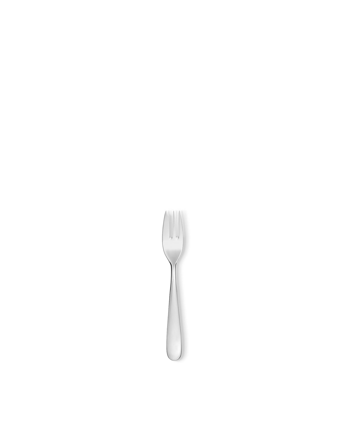 Silver dessert fork by Alessi, featuring a polished finish and three tines, on a white background.