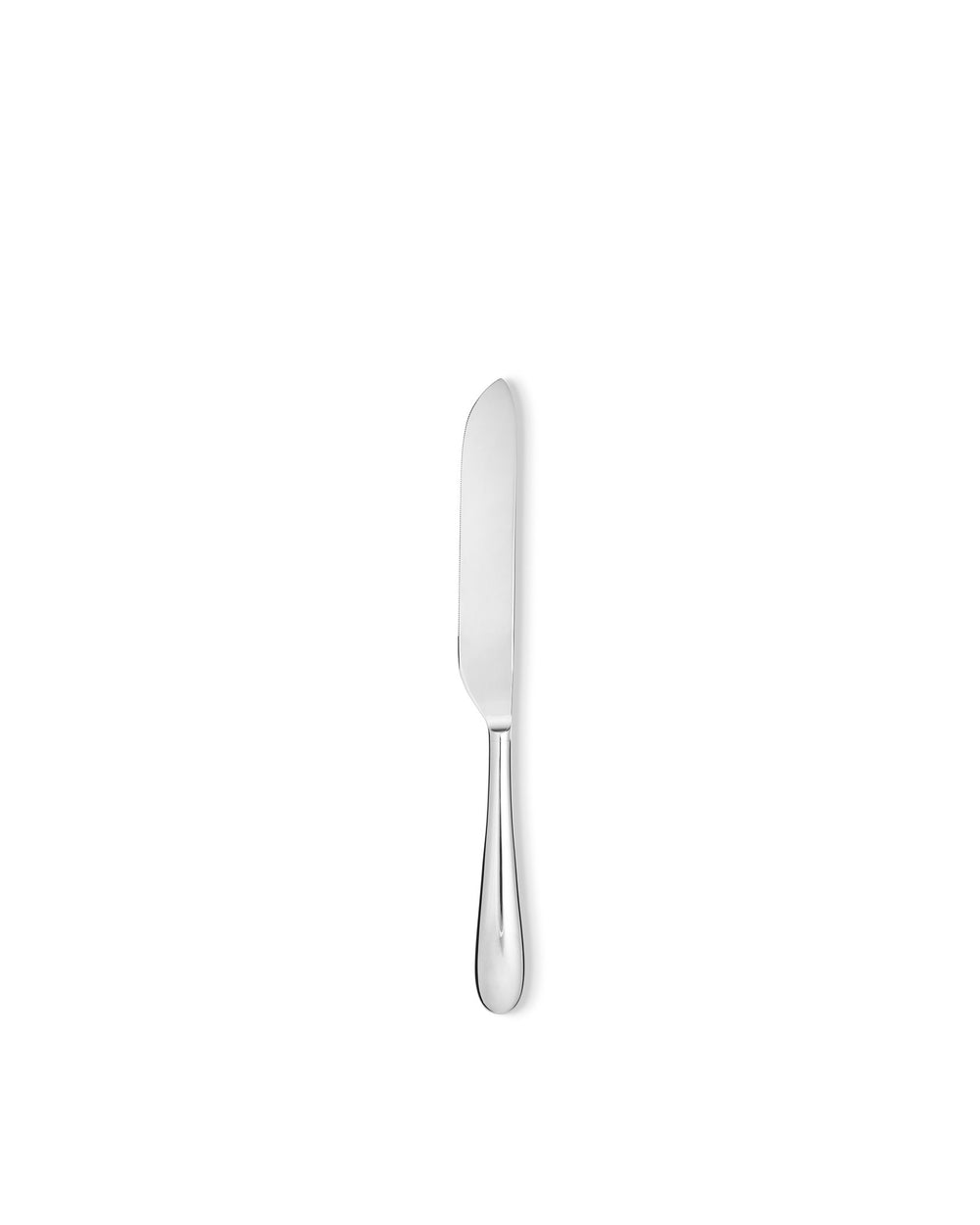 Silver polished butter knife by Alessi with a sleek, minimalist design, shown vertically.