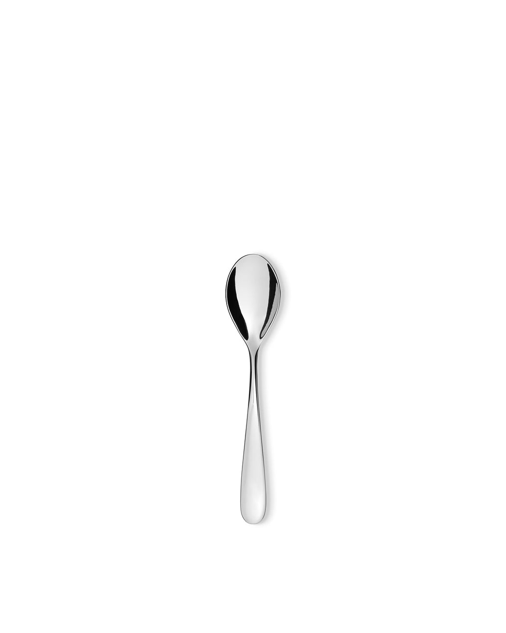 Silver polished spoon by Alessi with a sleek, minimalist design, shown vertically.