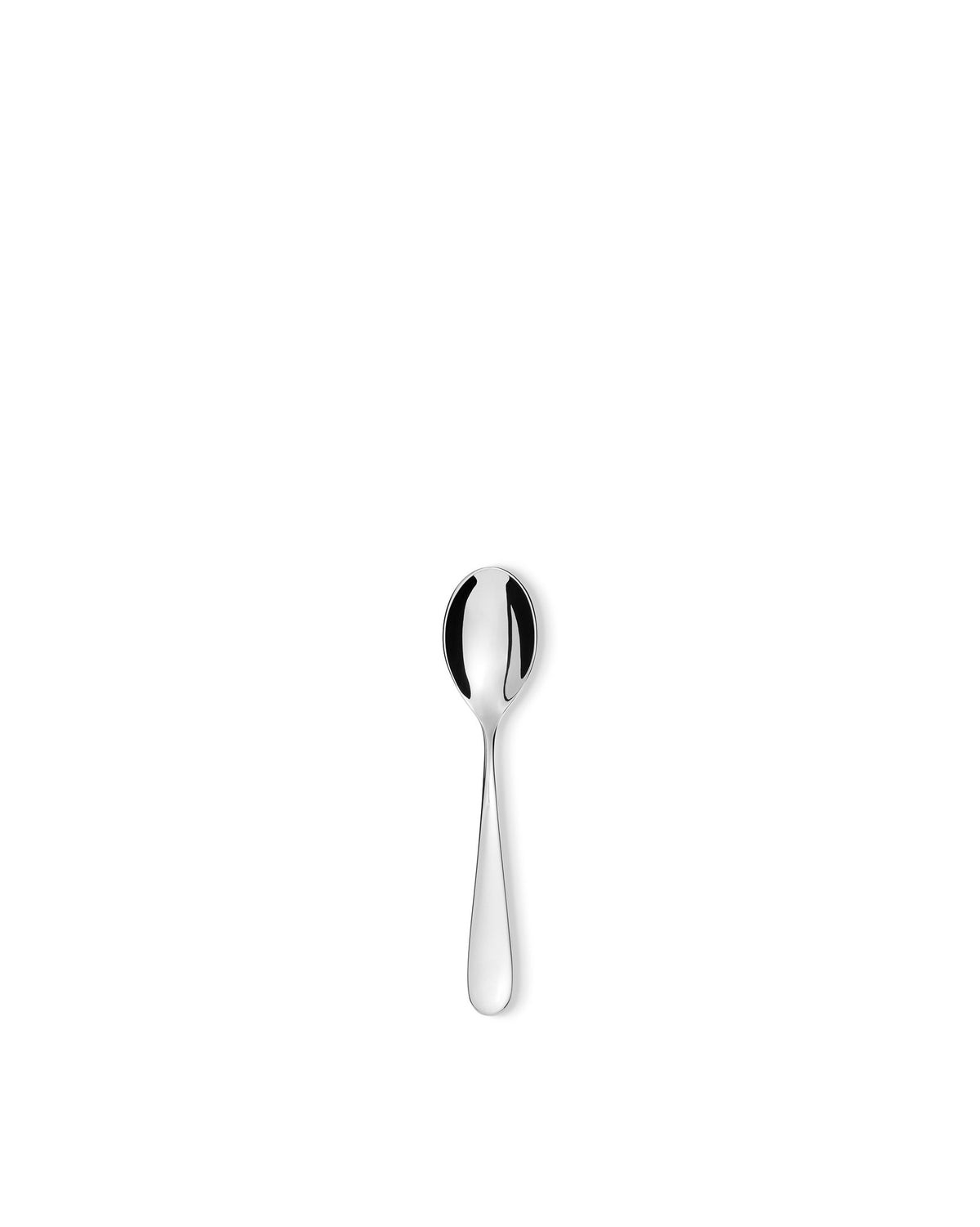 Silver polished metal 'Nuovo Milano' spoon by Alessi, with a sleek, reflective finish on a white background.