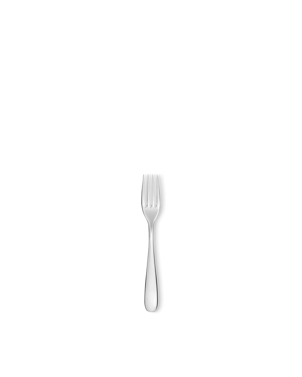 Silver four-tined fork by Alessi, with a sleek and modern design, centered on a white background.