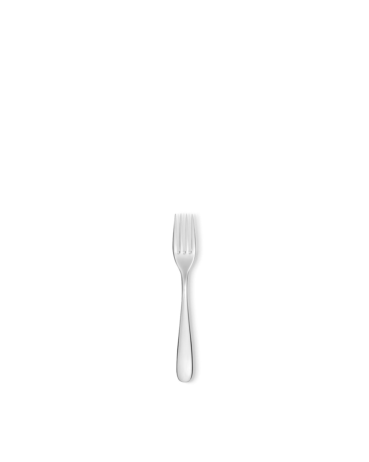 Silver four-tined fork by Alessi, with a sleek and modern design, centered on a white background.