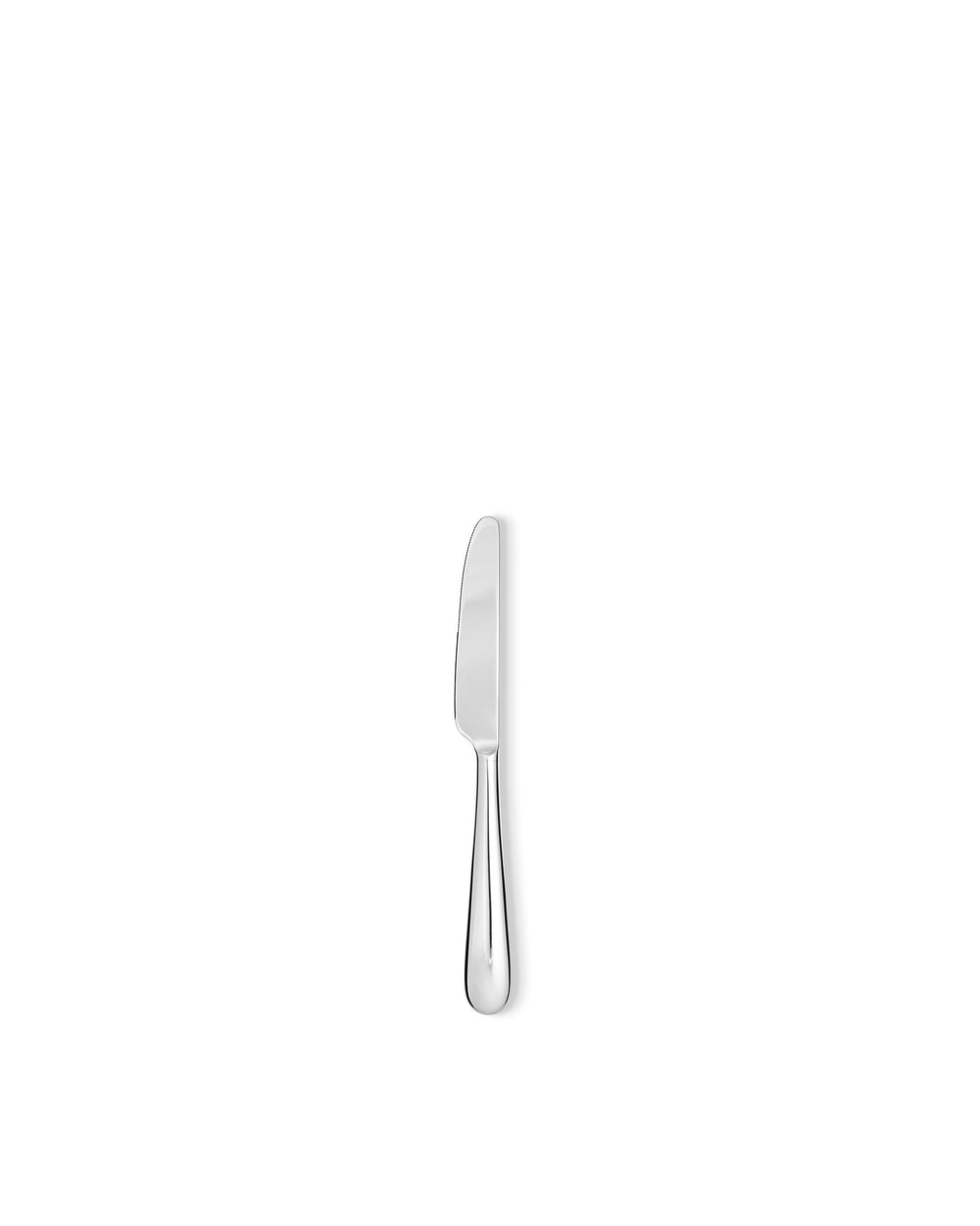 Silver polished metal knife by Alessi with a serrated blade and sleek handle shown vertically.