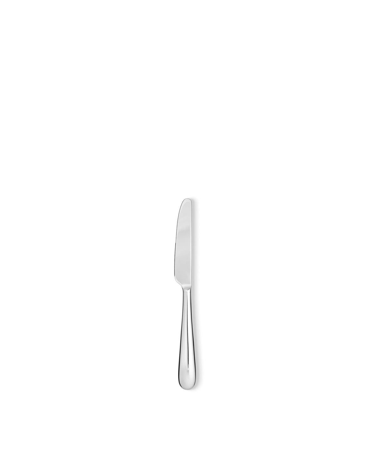 Silver polished metal knife by Alessi with a serrated blade and sleek handle shown vertically.