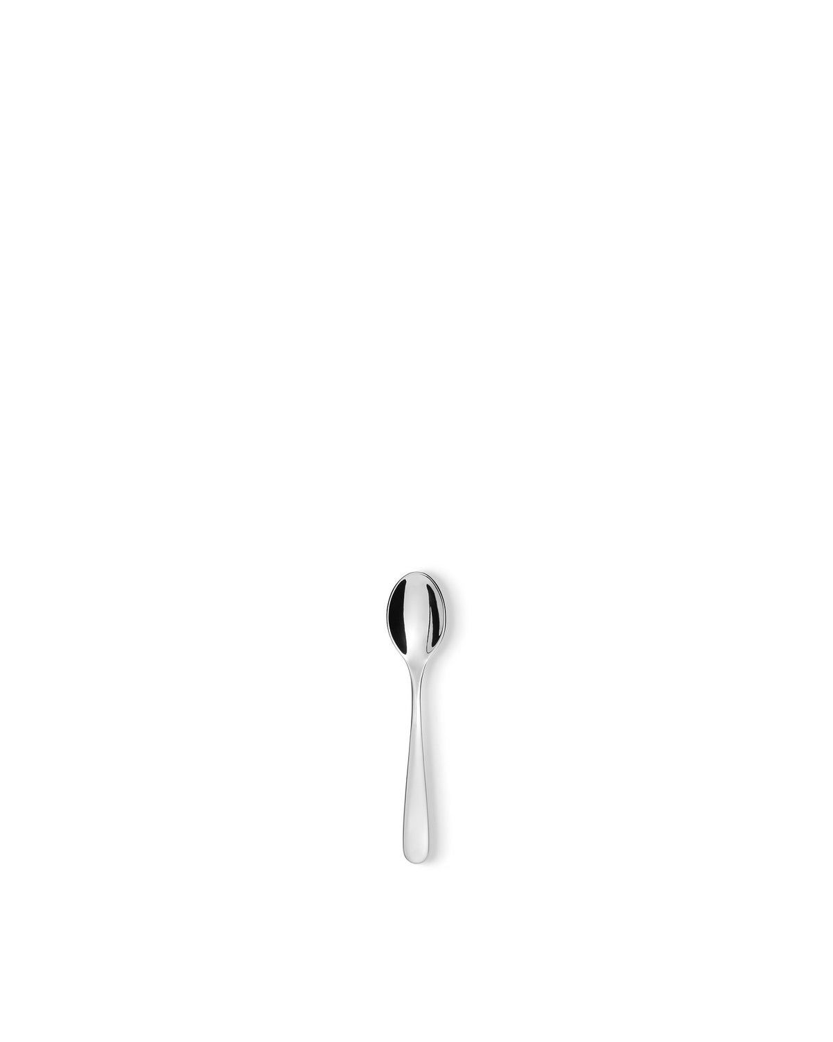 Silver metal spoon by Alessi with a sleek, reflective design, centered on a white background.