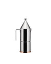 Chrome conical espresso maker by Alessi with a prominent copper base.