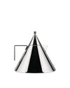 Polished stainless steel conical kettle by Alessi with a sleek, modern design and loop handle, front view.