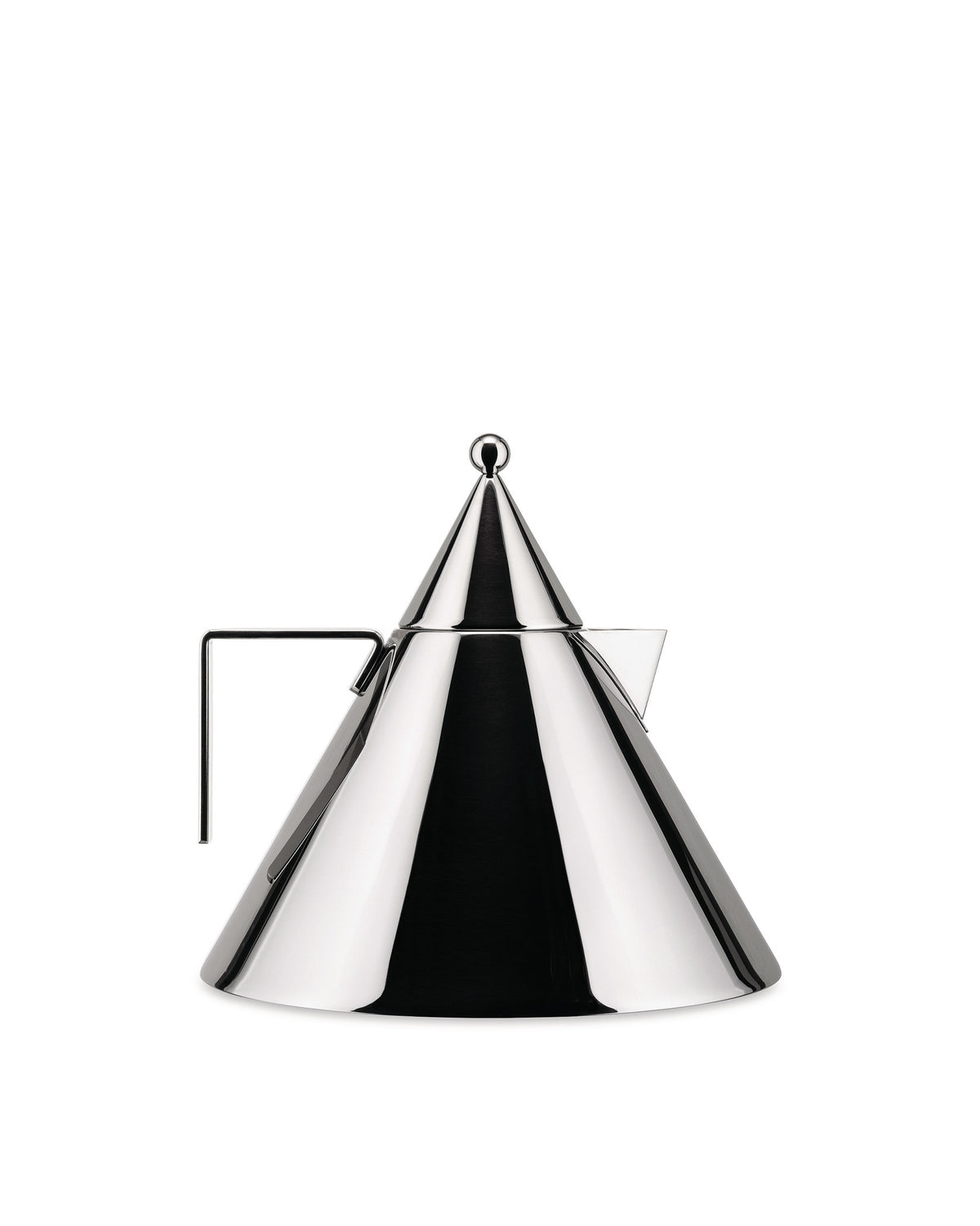 Polished stainless steel conical kettle by Alessi with a sleek, modern design and loop handle, front view.
