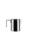 Polished stainless steel creamer by Alessi with a rectangular handle and a sharp spout.