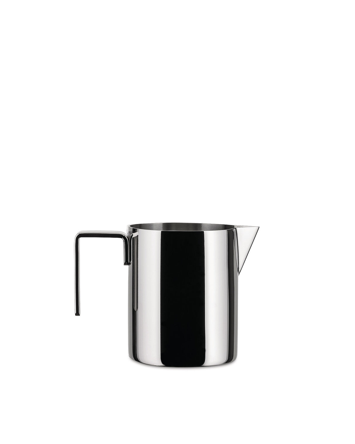 Polished stainless steel creamer by Alessi with a rectangular handle and a sharp spout.