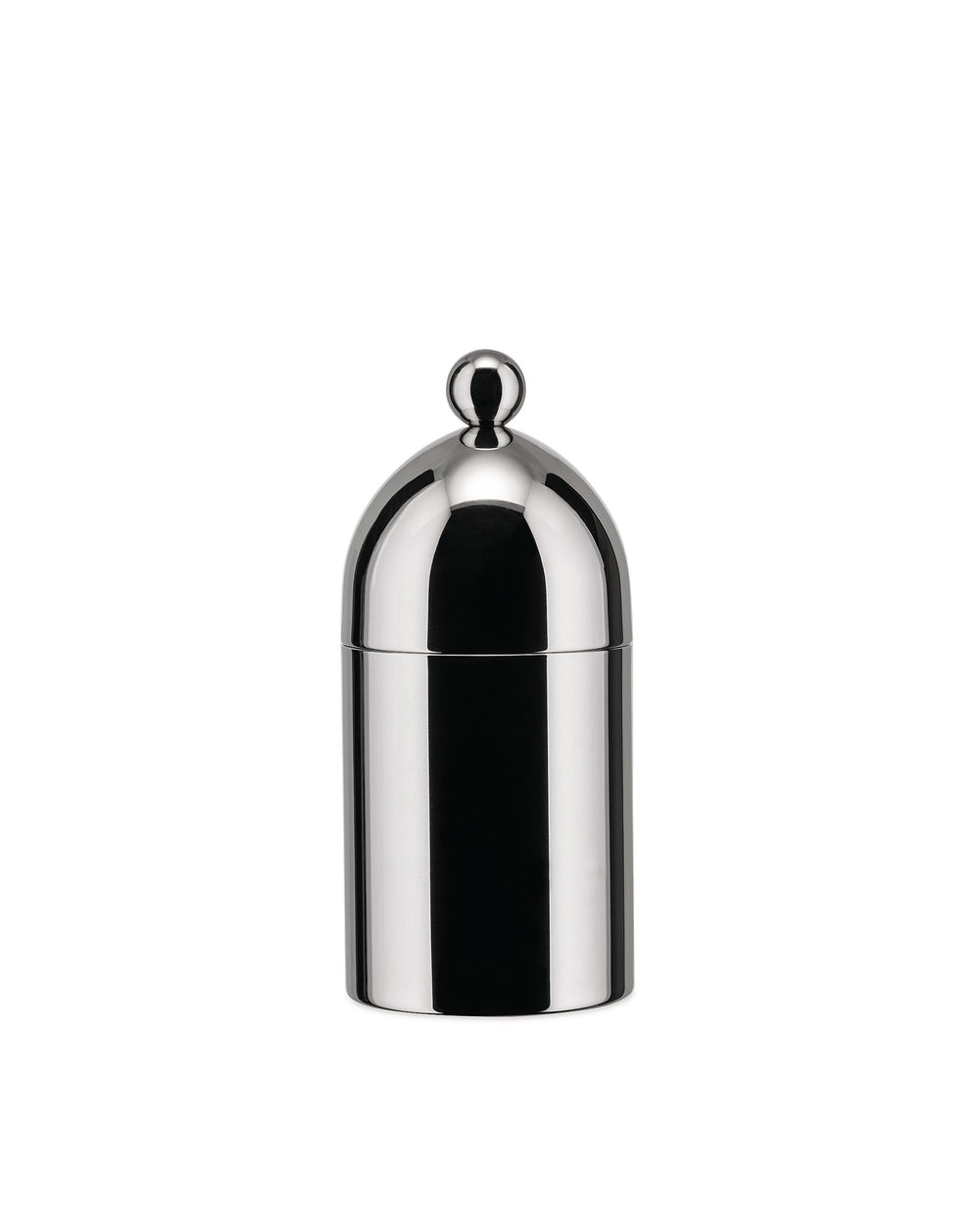 Polished stainless steel sugar bowl by Alessi, with a domed lid and spherical finial on a white background.