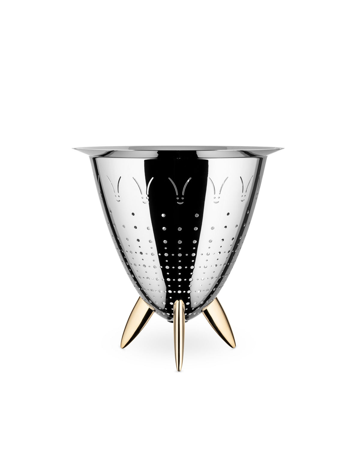 Silver metal colander by Alessi, perforated with bunny face cutouts and three golden tripod legs.