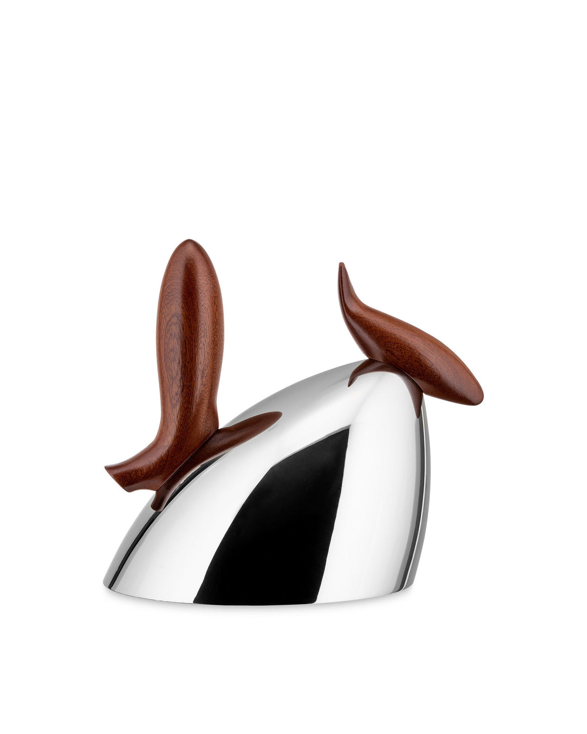 Shiny chrome kettle by Alessi featuring two sculpted dark wood bird-shaped handles.