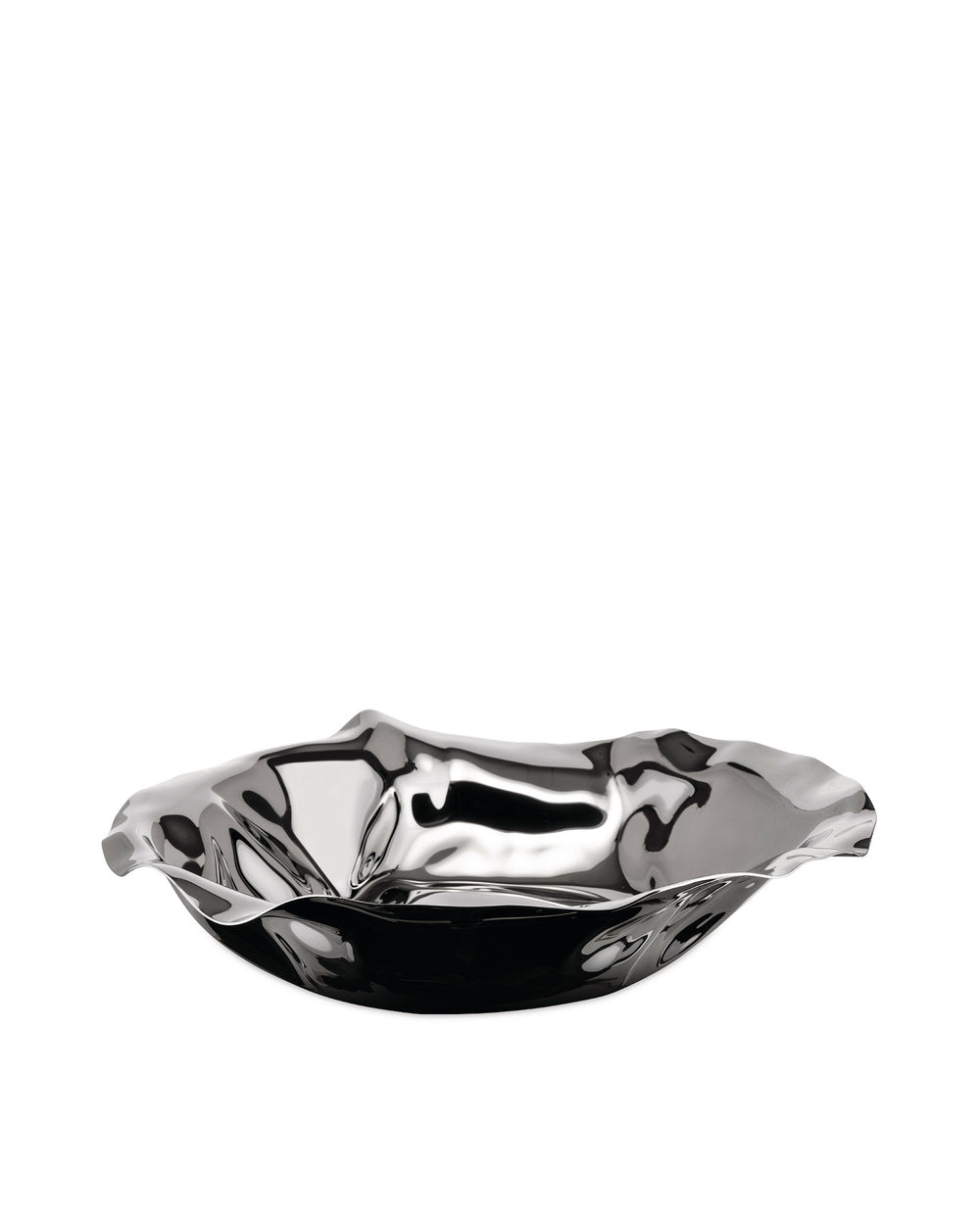 Silver metallic wavy bowl by Alessi, with a polished, reflective finish and an undulating rim, viewed from the side.