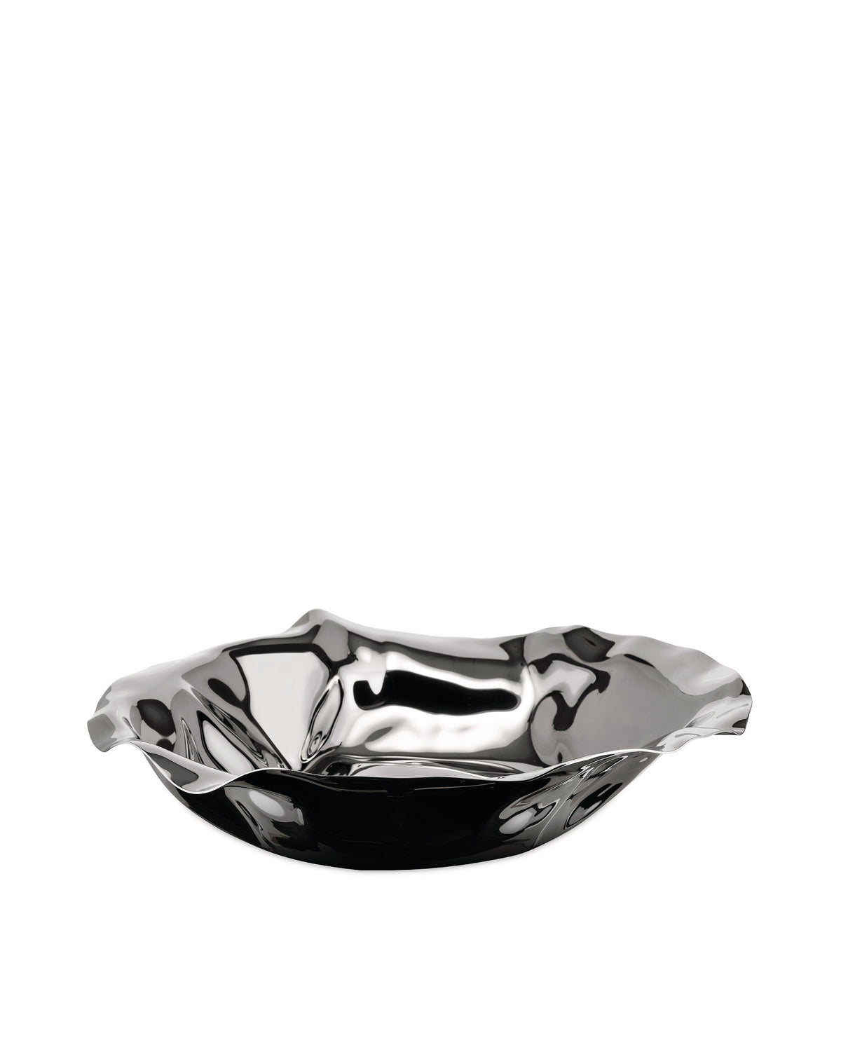 Silver metallic wavy bowl by Alessi, with a polished, reflective finish and an undulating rim, viewed from the side.