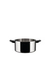 Polished stainless steel cooking pot with black handles by Alessi.