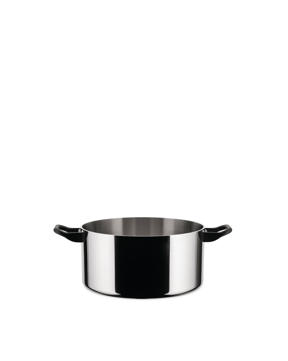 Polished stainless steel cooking pot with black handles by Alessi.